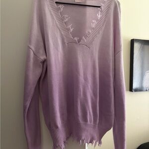 Women’s Lavender Ombré V-Neck Distressed Sweater